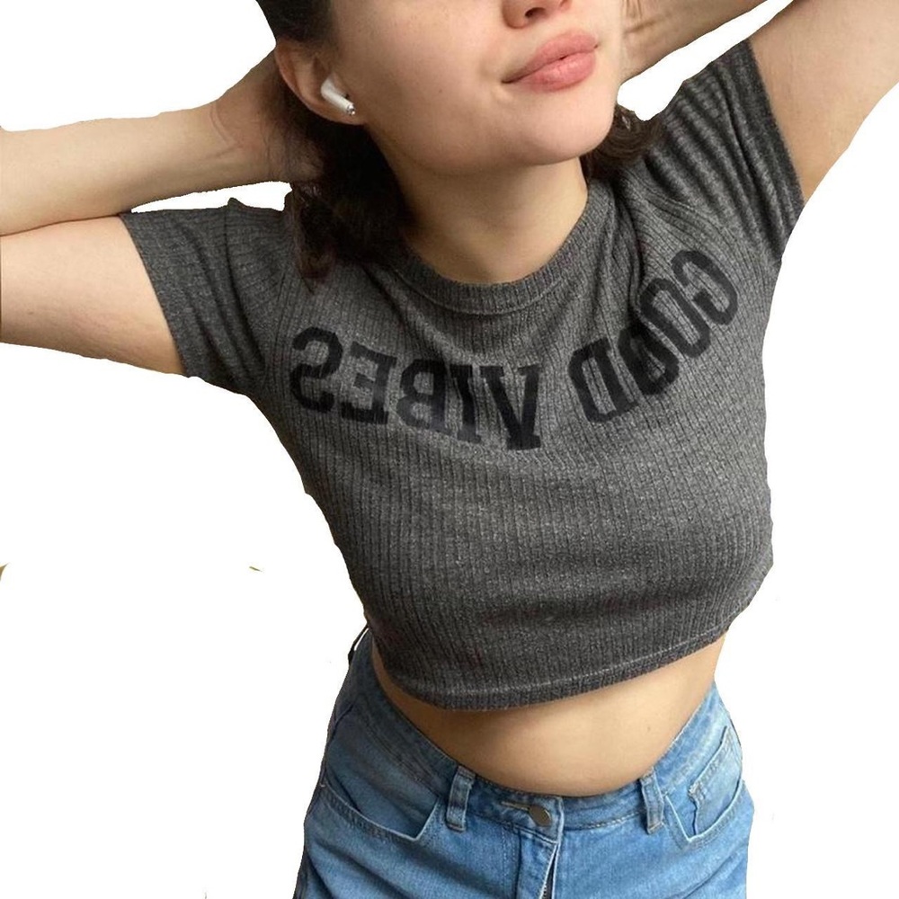Gray Crop Top from Forever 21 says “Good Vibes” in soft suede material ❣️